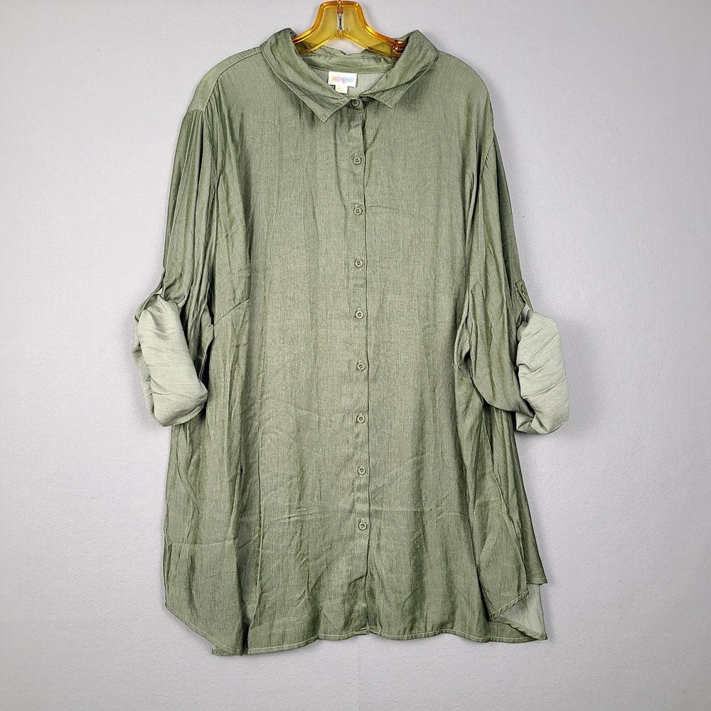 LuLaRoe 3XL Chambray Valentina Shirt w/ Roll Tab Sleeves - Solid Green - NWT